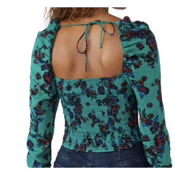 NWT $98 Free People Hilary Printed Top Size XS Green Combo Smocked Blouse - Picture 3 of 16